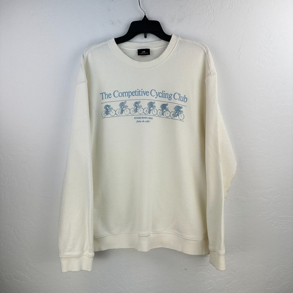 H&M Sweatshirt Mens XL White Blue Cycling Club Crew Neck Long Sleeve Relaxed Fit